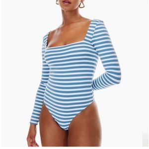 ISO Aritzia Babaton Striped Contour Bodysuit Flgstn Blue/Summer Snw